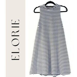 Elorie White and Navy Striped Mini Dress with Gold Colored Clasp in Back, Size L